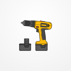 Typical electric cordless screwdriver or drill with battery. Modern isolated hand tool in flat style. Professional power tool vector stock image.