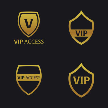Set of Vip emblems with shield. Luxury Vector illustration.