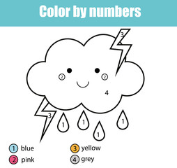 Coloring page with cute cloud character. Color by numbers educational children game, drawing kids activity