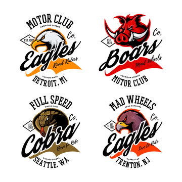 Vintage American furious eagle, boar and cobra bikers club tee print vector design set.