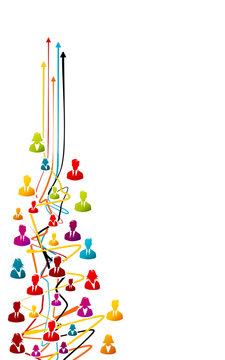Business vision, teamwork concept with colorful avatar icons over tangled lines with arrows pointing up