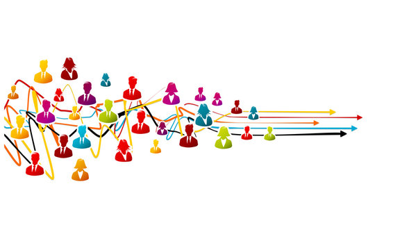 Business process solving, teamwork concept with colorful avatar icons over tangled lines with arrows pointing right
