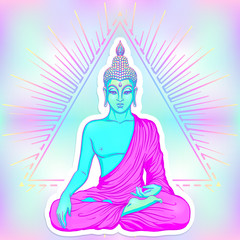 Sitting Buddha over sacred geometry background. Vector illustration. Psychedelic neon composition. Indian, Buddhism, Spiritual Tattoo, yoga, spirituality.