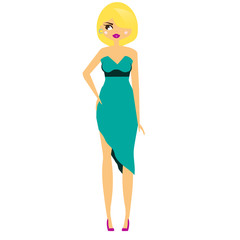 Sexy cartoon woman in party cocktail dress. Fashionable female in dressy blue outfit