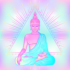 Sitting Buddha over sacred geometry background. Vector illustration. Psychedelic neon composition. Indian, Buddhism, Spiritual Tattoo, yoga, spirituality.