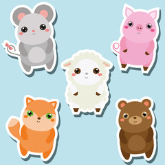 Cute kawaii animals stickers set. Vector illustration. Mouse, pig, sheep, fox, bear