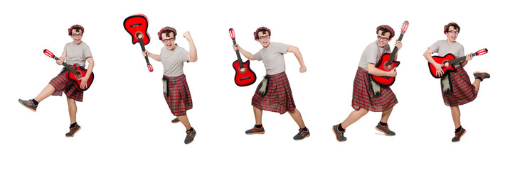 Scotsman playing guitar isolated on white
