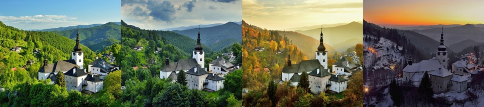 Four season folder in old mining village in Slovakia. Historic church in Spania Dolina. Spring, summer, autumn and winter landscape.