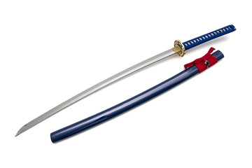 Blue Japanese sword and scabbard on white background