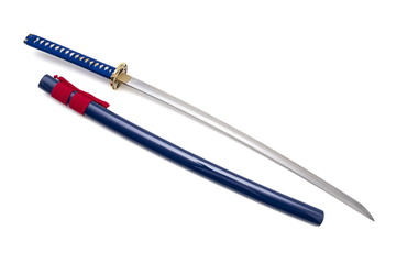 Blue Japanese sword and scabbard on white background