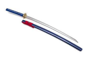Blue Japanese sword and scabbard on white background