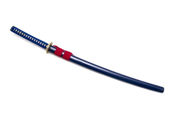 Blue Japanese sword and scabbard on white background