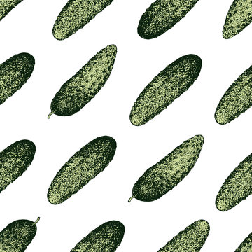 Cucumber hand drawn vector seamless pattern. Retro Vegetable engraved style object. Can be use for menu, label, farm market