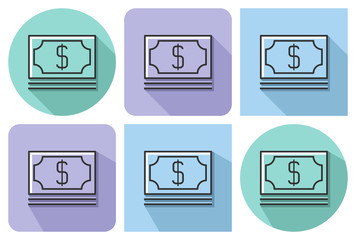 Outlined icon of  banknotes pack  with parallel and not parallel  long shadows
