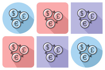 Outlined icon of currency exchange. Dollar, pounds sterling and euro symbols with parallel and not parallel  long shadows