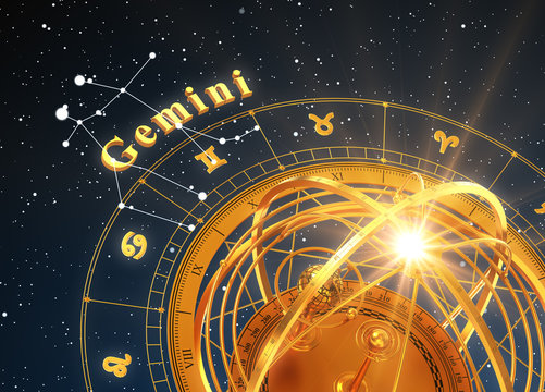 Zodiac Sign Gemini And Armillary Sphere On Blue Background