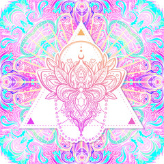 Moth over mandala. Beautiful vintage round pattern. Vector illustration. Psychedelic neon composition. Indian, Buddhism, Spiritual Tattoo, yoga, spirituality.