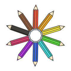 Flat bright colorful pencil symbol, colour pencils organized in color wheel circle. Rainbow drawing equipment