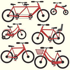 Flat colorful red vector bicycle set including tandem, bike with basket and baby seat, city cycle icon
