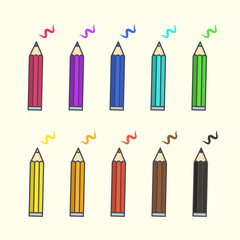 Flat color pencil icons, vector colour pencils with scratches set. Drawing colorful pencils with example strokes