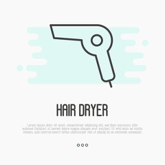 Thin line icon of hairdryer, element of logo for barber, stylist, hairdresser. Simple minimalistic vector illustration.