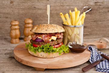 Bacon cheese burger with beef patty tomato onion