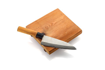 Wooden plate (gete) with chef knife isolated on white background.