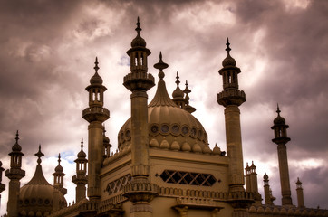 Silhouette shot of the Royal Pavilion in Brighton, England, UK against a dramatic sky