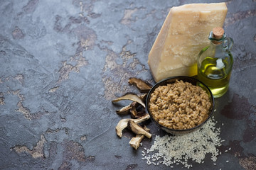 Risotto with porcini mushrooms and some of its cooking ingredients. Brown stone background with space, horizontal shot