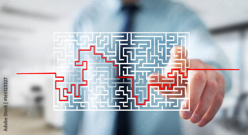 Poster businessman searching solution of a complicated maze