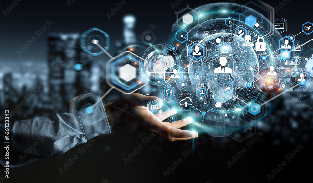 Poster Businessman using social network interface 3D rendering