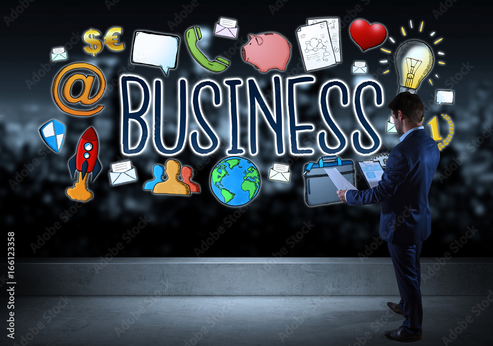Poster businessman watching business sketch on a rooftop 3d rendering