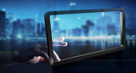 Businesswoman using digital screens tablet 3D rendering