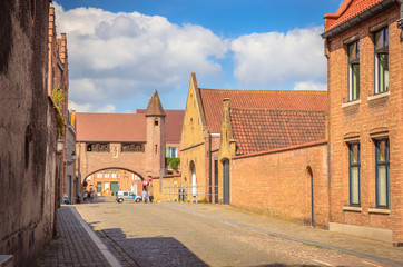 Beautiful narrow streets and traditional houses in the old town of Bruges (Brugge), Belgium