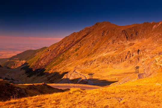 Golden hour sunset shot of the Fagaras Mountains, Sibiu, Transylvania, Romania
