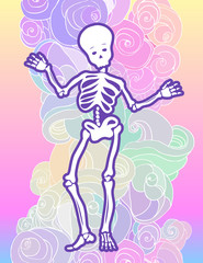 Kawaii funny spooky skeleton over cloud pattern. Halloween background. Cute gothic style in neon pastel colors. Retro goth style.