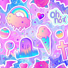 Colorful seamless pattern: candies, sweets, rainbow, icecream, tombstone, cross, lollipop, cupcake, rose, bat. Vector illustration. Stickers, pins, patches. Halloween pastel colors.