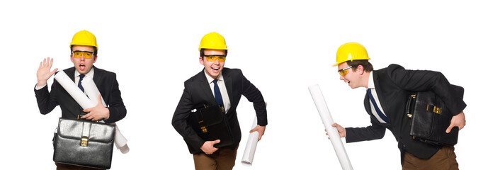 Funny architect with drawings on white