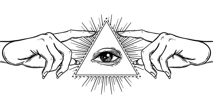 Female hand pointing on something with forefinger. New World Order. Hand-drawn alchemy, religion, spirituality, occultism. Black and white vector illustration in vintage style