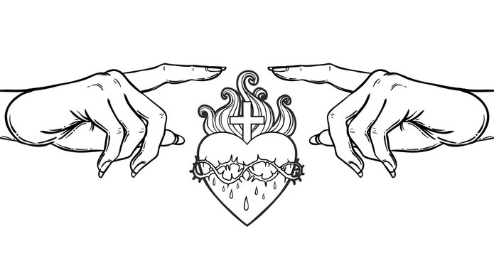 Female hand pointing on something with forefinger with sacred heart of Jesus. Hope faith and help, assistance and support symbol. Black and white vector illustration in vintage style