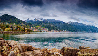 A panoramic shot of Lake Geneva and the city of Montreux during early spring
