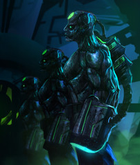Fototapeta premium Robotic futuristic zombie warriors with glowing plasma weapons standing on misty dungeon background.