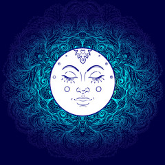 Sun symbol as a face inside ornate colorful mandala. Round pattern. Vintage decorative vector illustration isolated on white. Hand drawn background. 