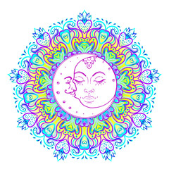 Sun Moon symbols as a face inside ornate colorful mandala. Round pattern. Vintage decorative vector illustration isolated on white.