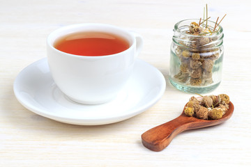 Green tea in a cup with chamomile and a wooden spoon