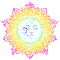 Sun Moon symbols as a face inside ornate colorful mandala. Round pattern. Vintage decorative vector illustration isolated on white.