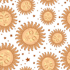Sun and moon vector seamless pattern with stars. Vintage style. Wallpaper, wrapping paper or fabric design for children. Astronomy, astrology, magic.