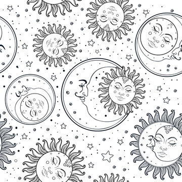 Sun and moon vector seamless pattern with stars. Vintage style. Wallpaper, wrapping paper or fabric design for children. Astronomy, astrology, magic.