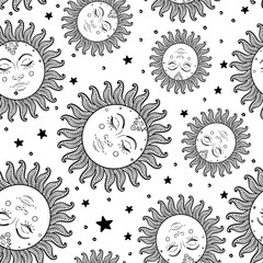 Sun and moon vector seamless pattern with stars. Vintage style. Wallpaper, wrapping paper or fabric design for children. Astronomy, astrology, magic.
