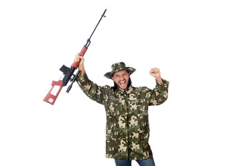 Soldier with weapons isolated on white